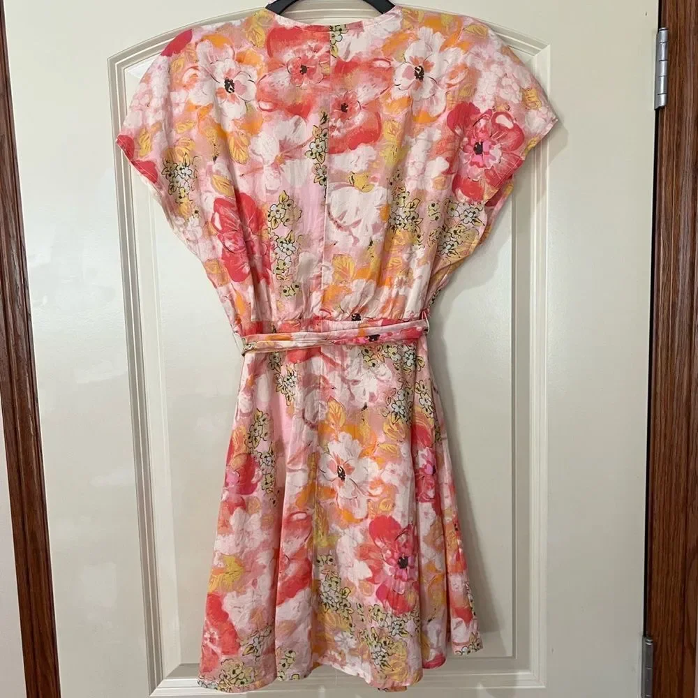 FREE PEOPLE Freddy Tie Waist Minidress Watercolor Floral Print Pink Women’s XS
